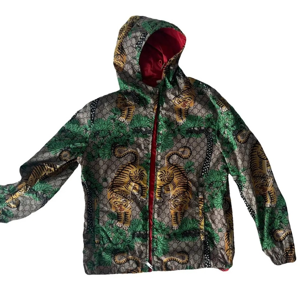 Gucci Tiger Print Hooded drawstring windbreaker nylon Jacket
